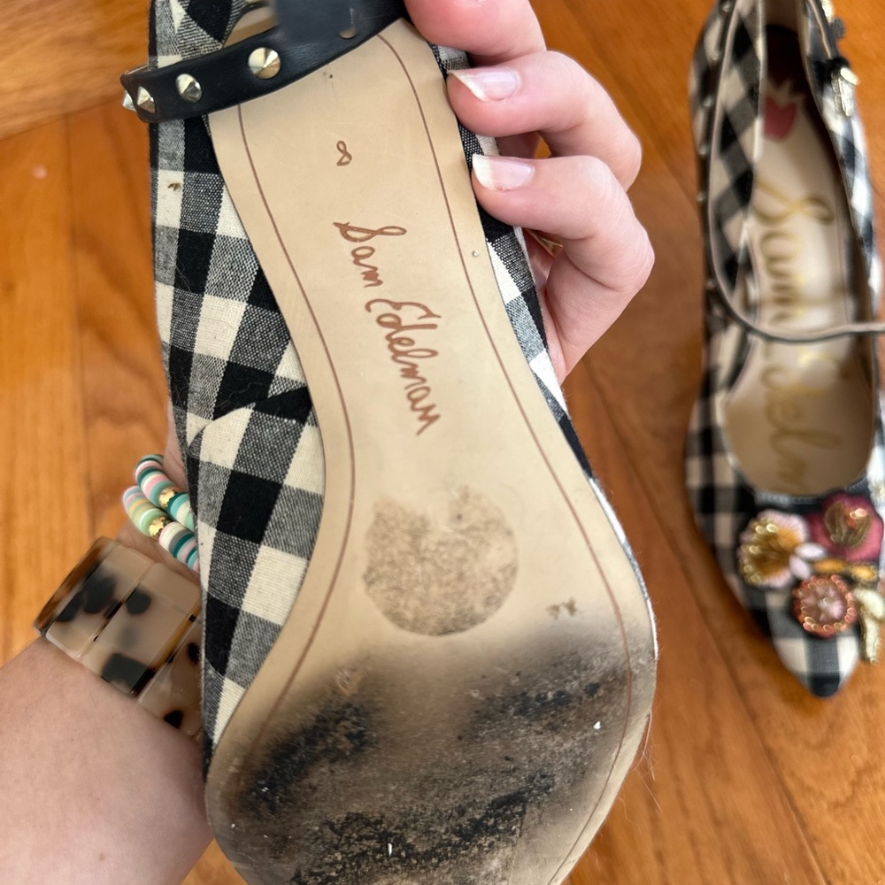 Sam Edelman Black and White Checkered Heels with Floral Embroidery - Picture 3 of 4